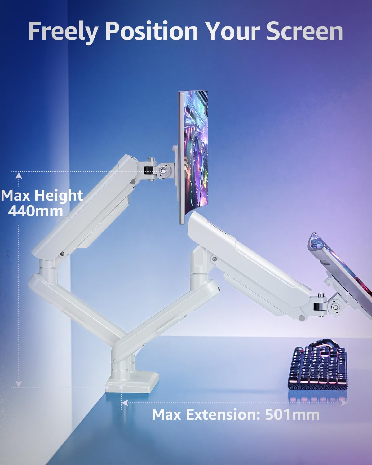 Freelift Dual Monitor Arm Desk Mount for 13-32 inch Screen, Height Adjustable Double Gas Spring Arm, Gaming Monitor Arm Holds 2-9kg, VESA 75x75 100x100 with C-clamp& Grommet, White EV6012W