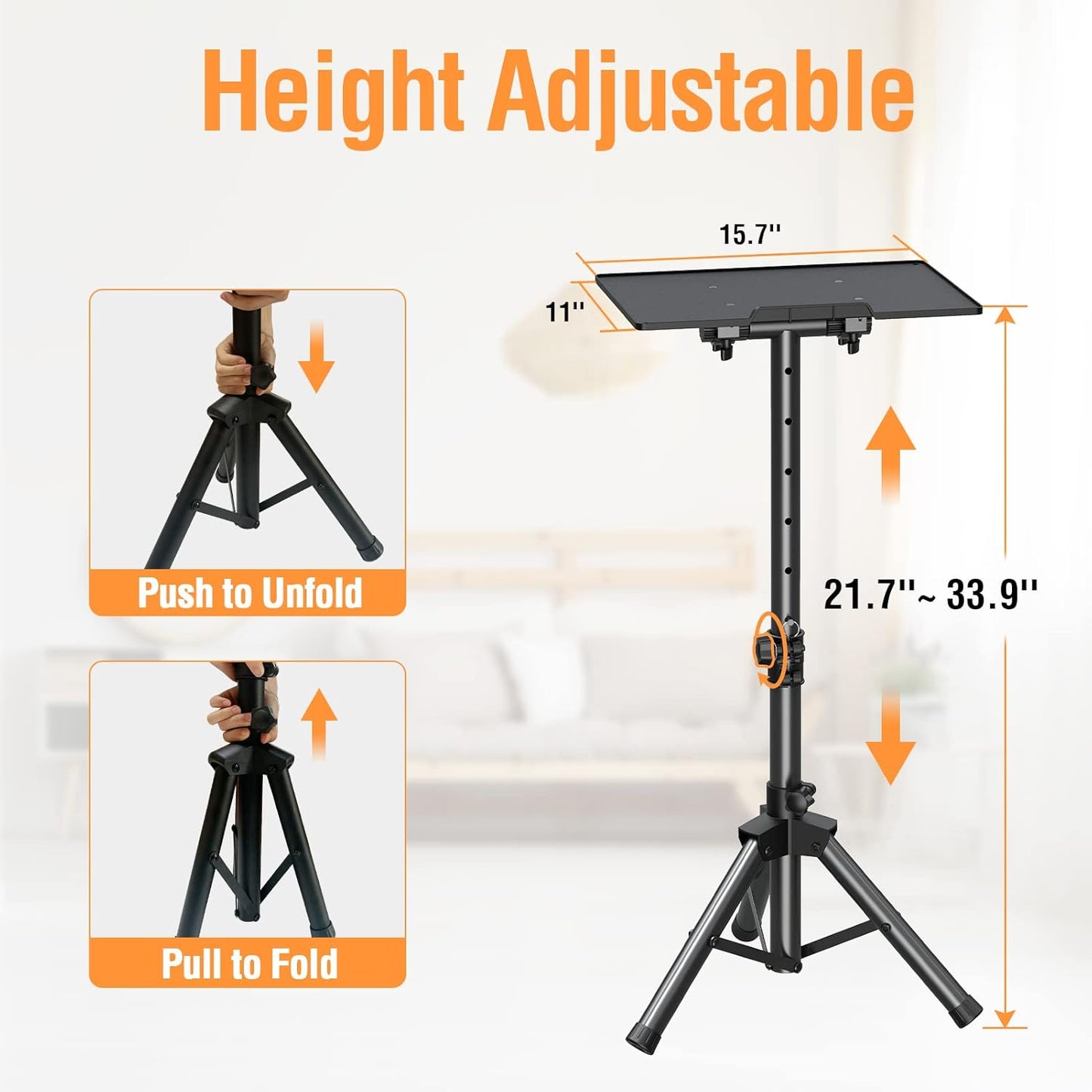 ELIVED Projector Stand - 21'' to 34'' Height Adjustable Portable Projector Tripod with 180° Tilting, Laptop Tripod Stand DJ Rack with Phone Holder for Home Office Stage Studio Outdoor Movies