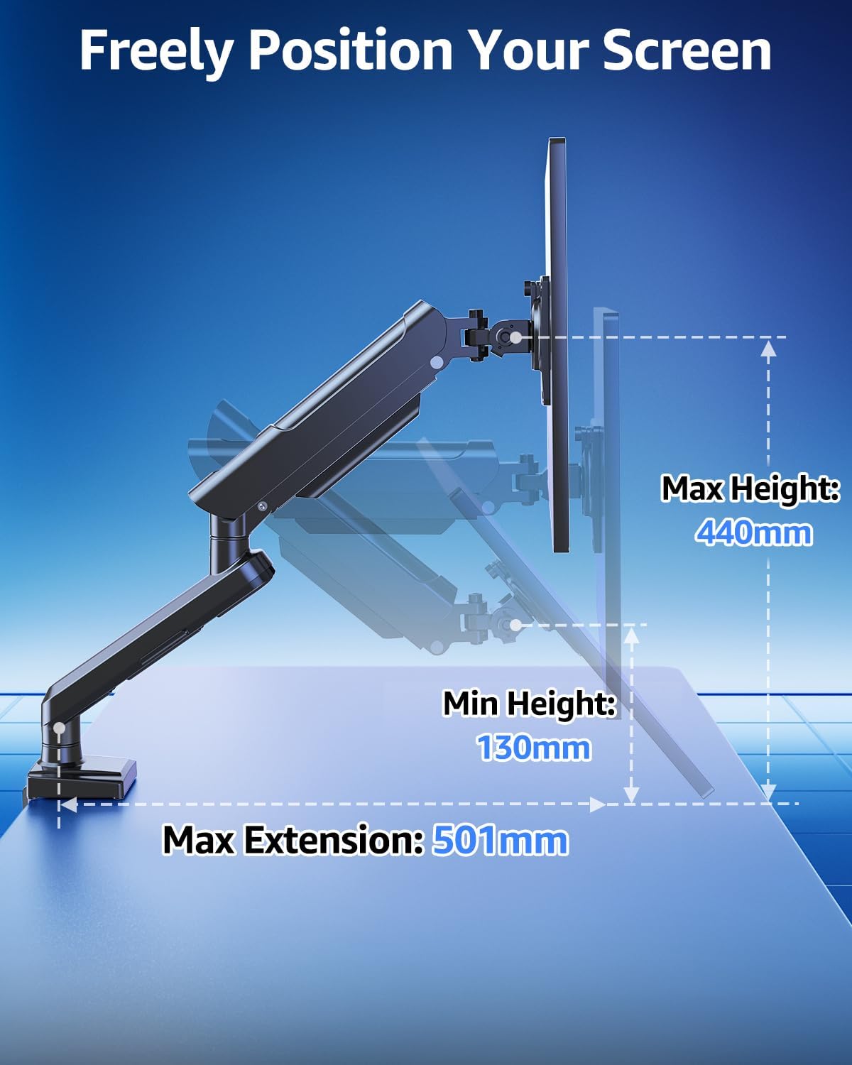 Freelift Single Arm Monitor Desk Mount for 13-32 inch Screen, Tool Free Height Adjustable Gas Spring Arm, Gaming Monitor Arm Holds 2-9kg, VESA 75 & 100mm, C-clamp & Grommet Options, Black