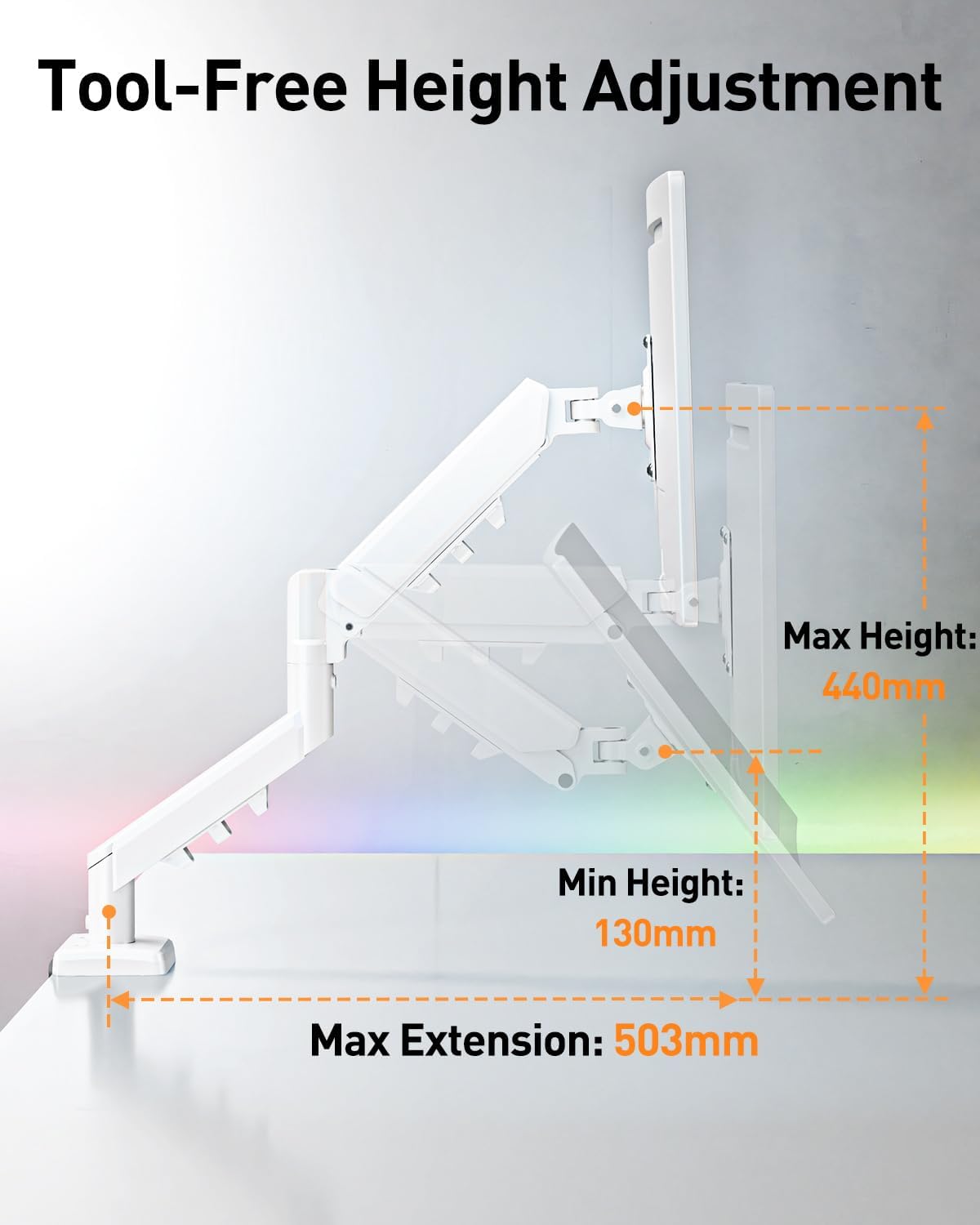 ELIVED Single Monitor Arm - Adjustable Gas Spring Monitor Stand for 13-32 Inch Screens up to 9KG, Ergonomic Desk Mount with Tilt, Swivel & Rotate, VESA 75/100mm, 2 Mounting Clamp, White, EV6013W