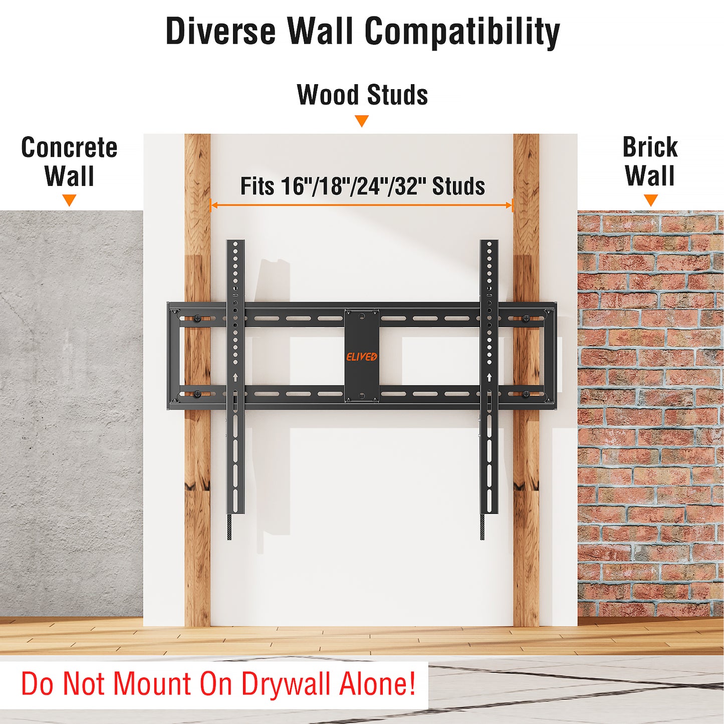 ELIVED Fixed TV Mount for Most 42-100 Inch Flat Screen tvs, Low Profile Wall Mount TV Bracket up to VESA 800x600mm and 199 lbs - Fits 16", 24", 32" Studs- Heavy Duty and Space Saving