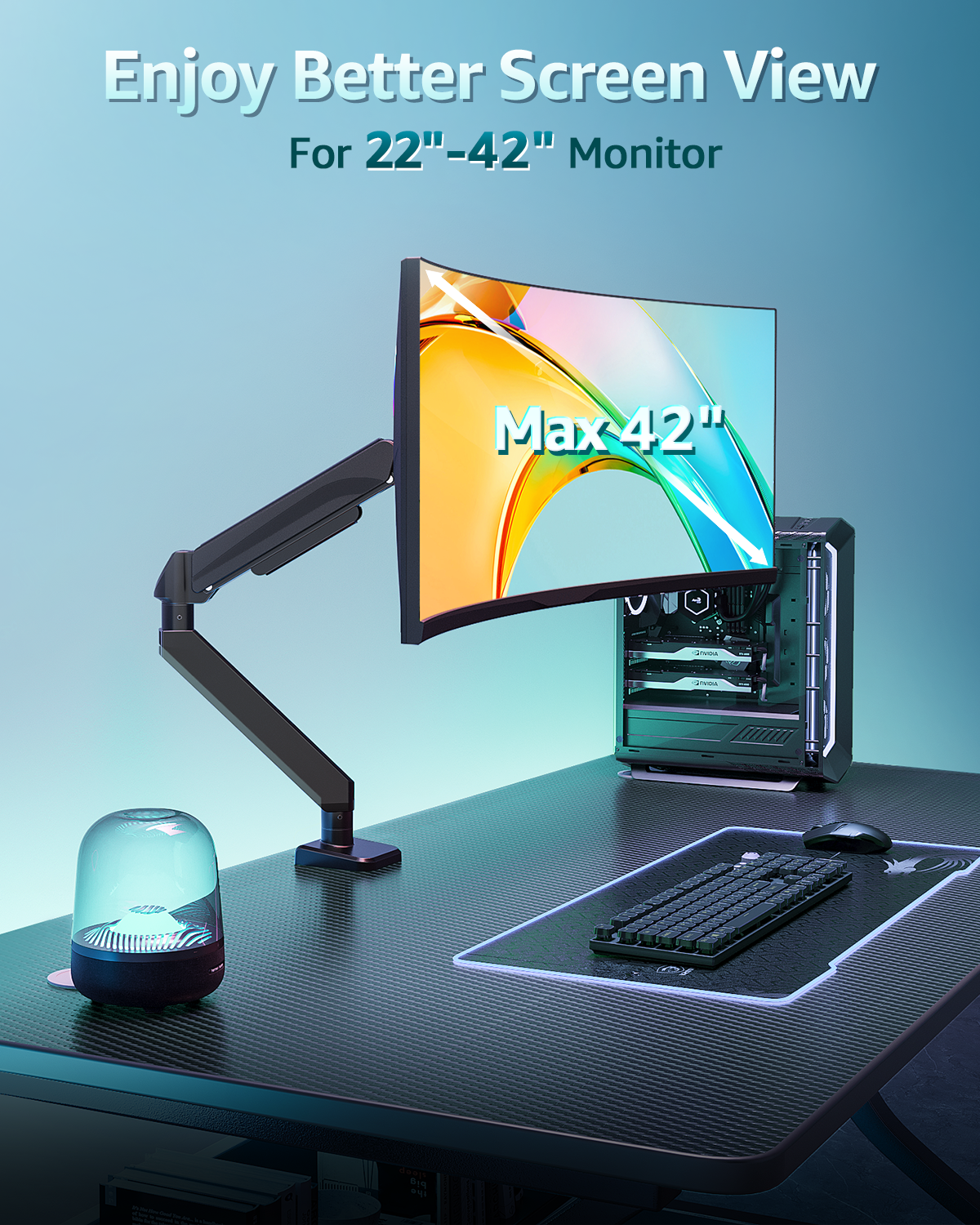 ErgoFocus Heavy Duty Single Monitor Arm for Max 42 Inch Screens, Monitor Mount for Desk Supports 4.4-33 lbs, Height Adjustable Ultrawide Monitors Stand with C-Clamp & Grommet Base, VESA Mount 70/100