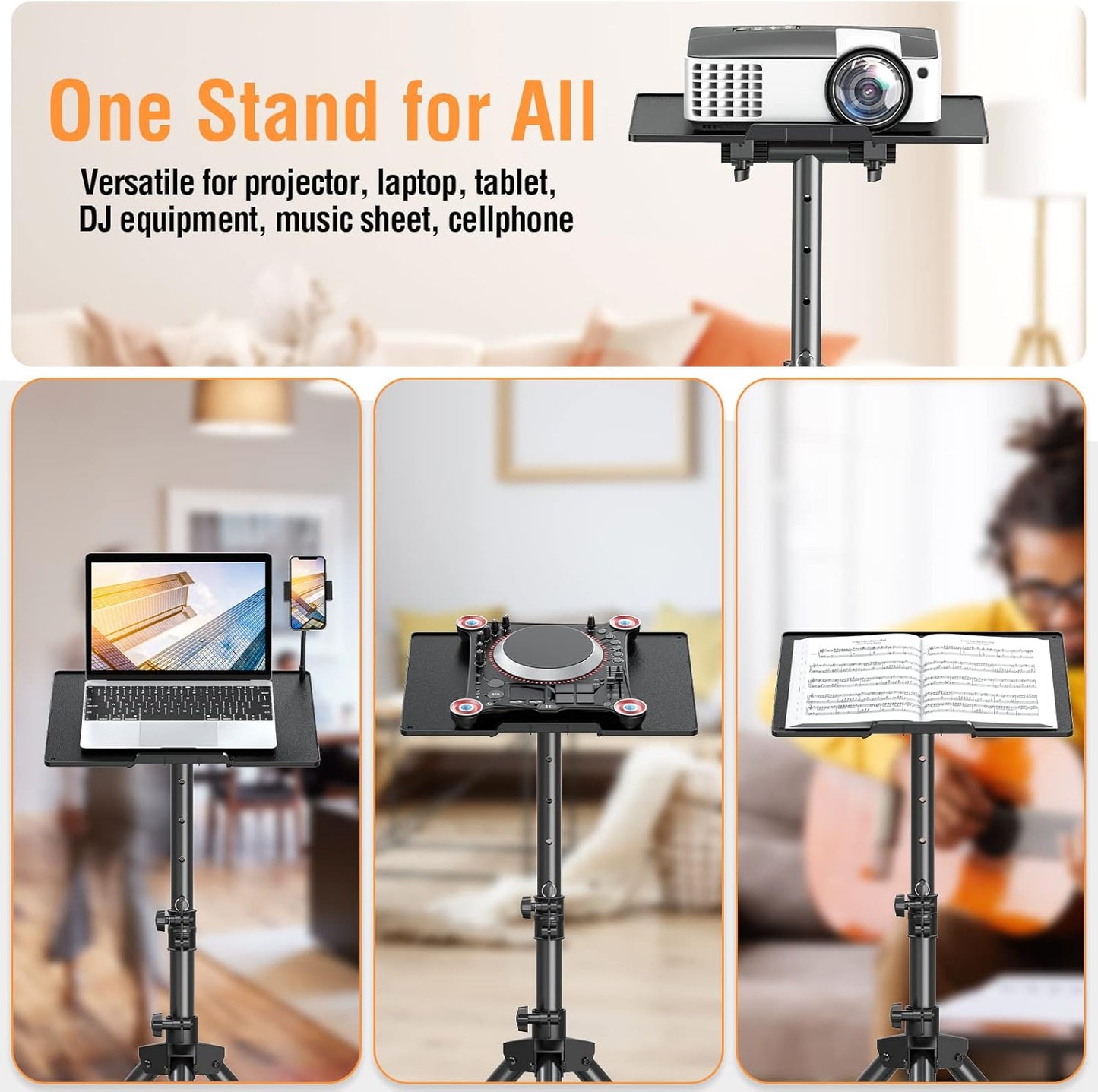 ELIVED Projector Stand - 21'' to 34'' Height Adjustable Portable Projector Tripod with 180° Tilting, Laptop Tripod Stand DJ Rack with Phone Holder for Home Office Stage Studio Outdoor Movies