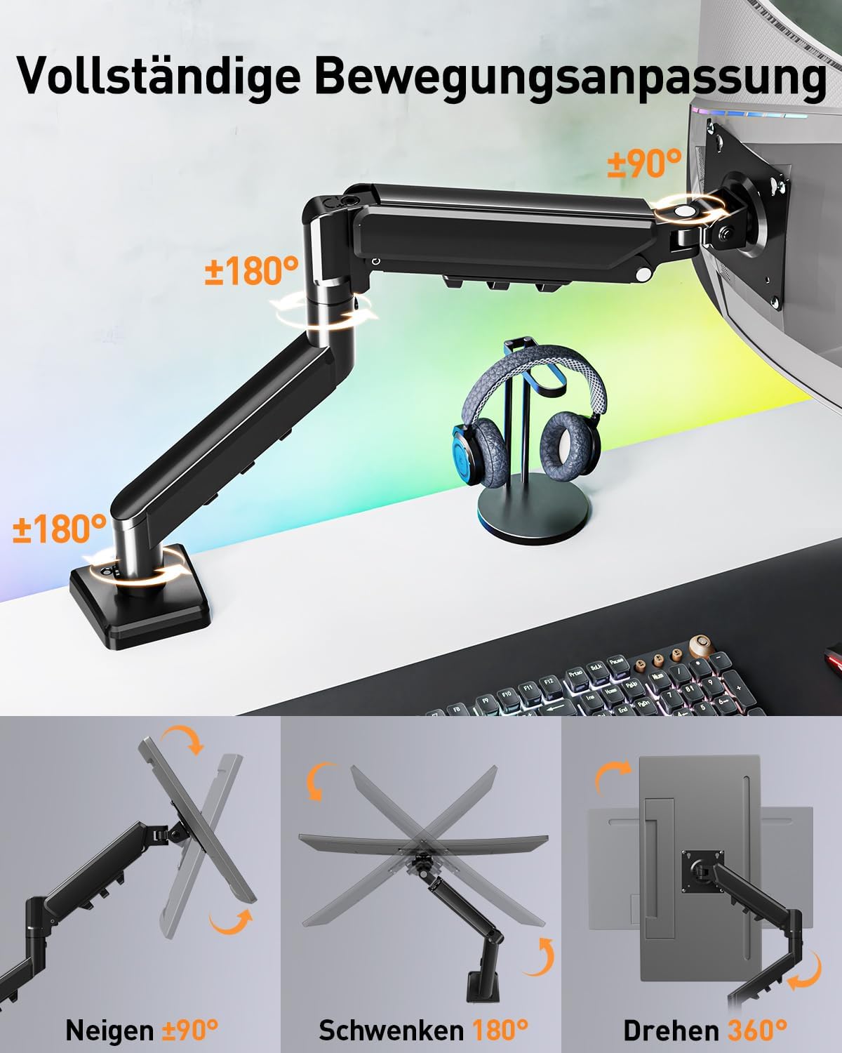 ELIVED EV6013B-DE Monitor Mount for 13 - 32 Inch Monitor, Ideal for 2-9 kg Gaming PC Screens with VESA 75/100 mm, Gas Spring Monitor Arm with Tilt, Swivel, Rotatable
