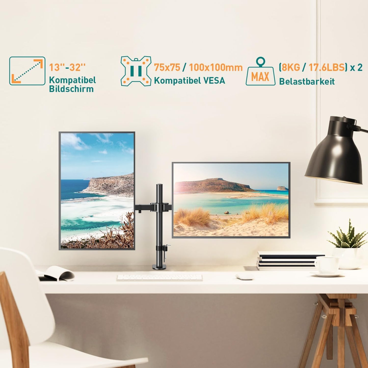 ELIVED Monitor Mount 2 Monitors for 13-32 Inch LED/LCD Screen from VESA 75/100, Dual Monitor Mount Tilting 160° Swivel 180° Height Adjustable Monitor Arm Desk 8 kg per Arm