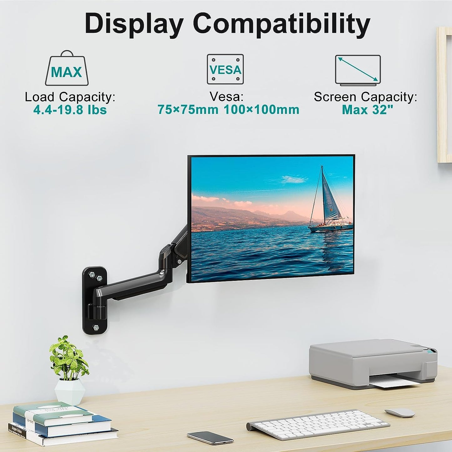 ErgoFocus Monitor Wall Mount Fits 17-32 Inch Flat/Curved Computer Screens, Single Monitor Wall Arm Holds up to 19.8lbs, Height Adjustable Gas Spring Wall Monitor Stand Tilt, VESA Mount 75x75/100x100