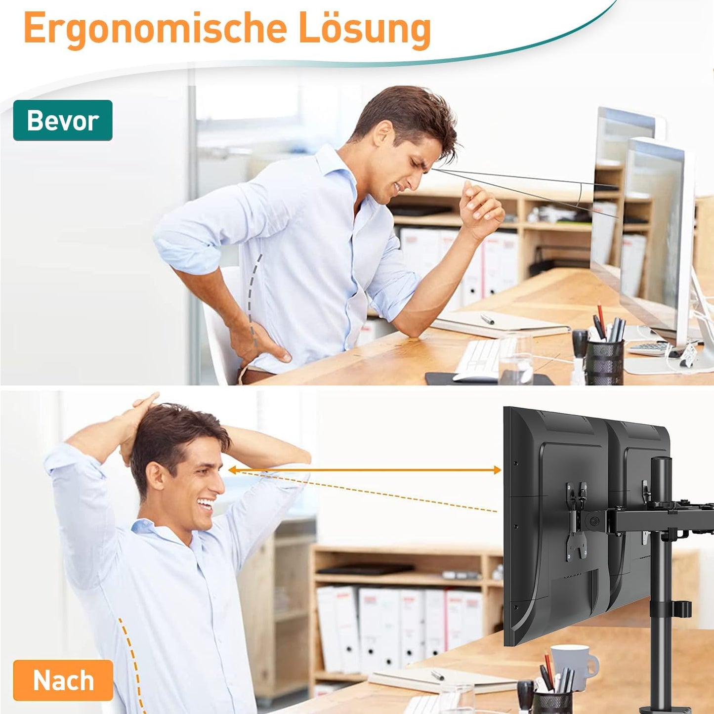 ELIVED Monitor Mount 2 Monitors for 13-32 Inch LED/LCD Screen from VESA 75/100, Dual Monitor Mount Tilting 160° Swivel 180° Height Adjustable Monitor Arm Desk 8 kg per Arm