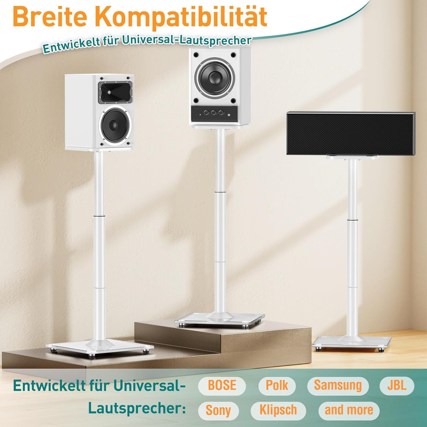 ELIVED Universal Lautsprecherständer höhenverstellbar bis 95cm, Boxenständer mit Glassockel & interner Kabelkanal für Regallautsprecher, 10kg Tragkraf, Weiß, 1 Paar