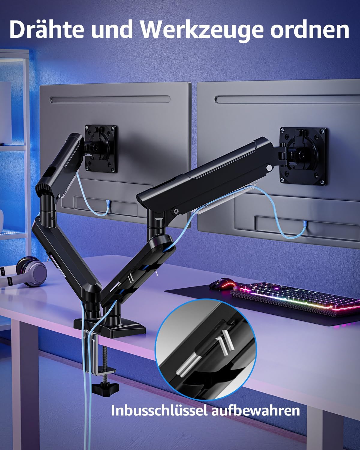 ELIVED EV6012B Monitor Mount 2 Monitors for 13-32 Inch Screens, Screen Mount 2 Monitors Holds 2-9 kg Monitor with VESA 75/100 mm, Gas Spring Monitor Arm with Tilt, Swivel, Rotatable