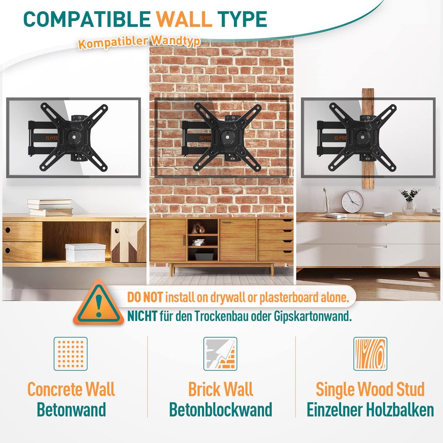 ELIVED EV012 TV Wall Mount Swivelling Tilting TV Wall Mount Extendible for Most 14-42 Inch LED, LCD, OLED TVs up to 15 kg with Max VESA 200 x 200 mm