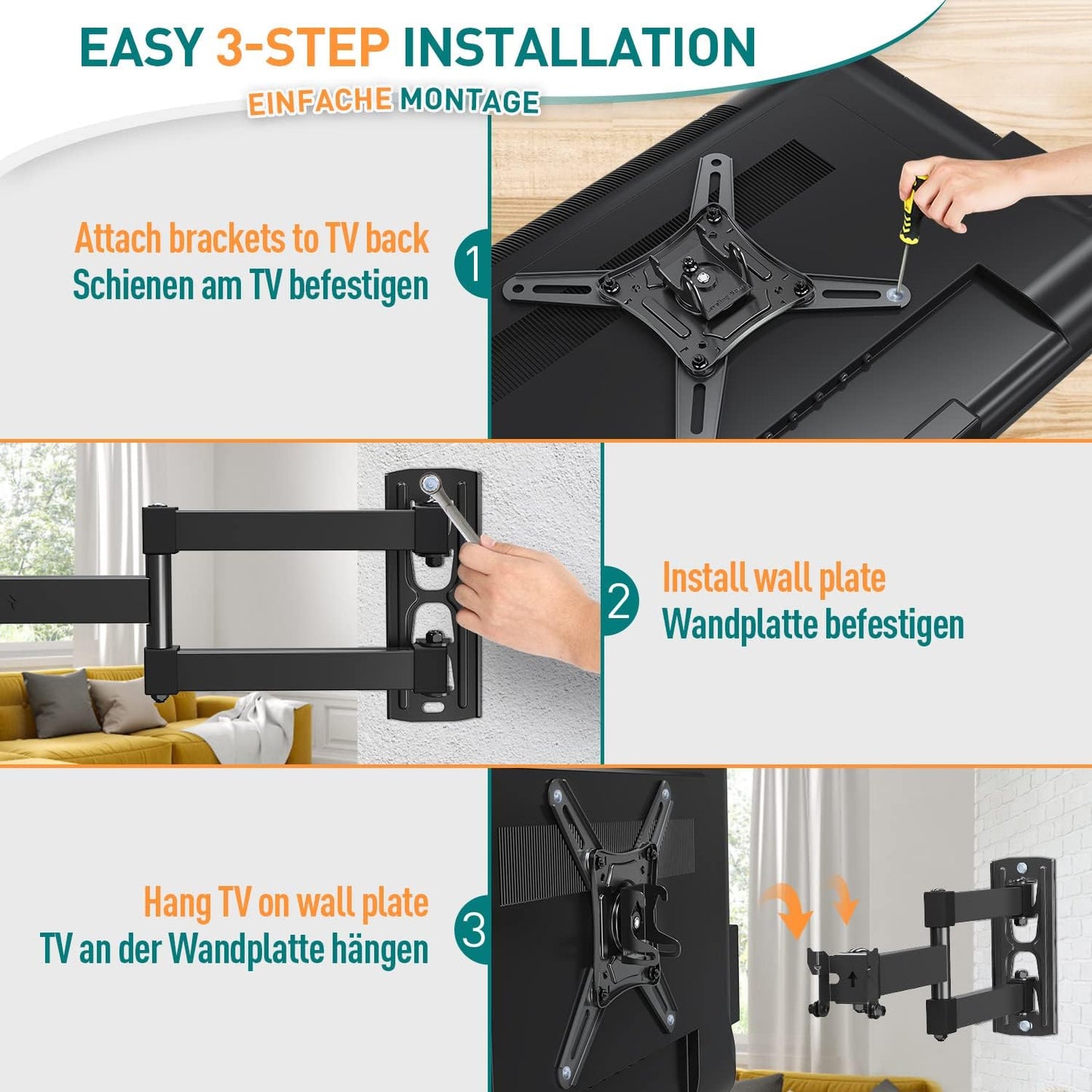 ELIVED EV012 TV Wall Mount Swivelling Tilting TV Wall Mount Extendible for Most 14-42 Inch LED, LCD, OLED TVs up to 15 kg with Max VESA 200 x 200 mm