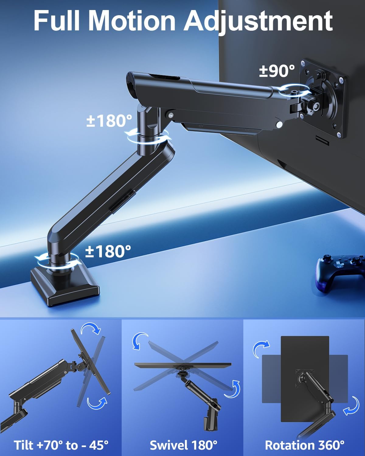 Freelift Single Arm Monitor Desk Mount for 13-32 inch Screen, Tool Free Height Adjustable Gas Spring Arm, Gaming Monitor Arm Holds 2-9kg, VESA 75 & 100mm, C-clamp & Grommet Options, Black