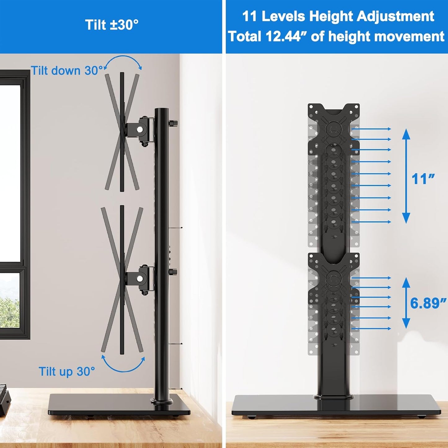 ErgoFocus Vertical Dual Monitor Stand Free-Standing Monitor Desk Mount with Height Adjustment