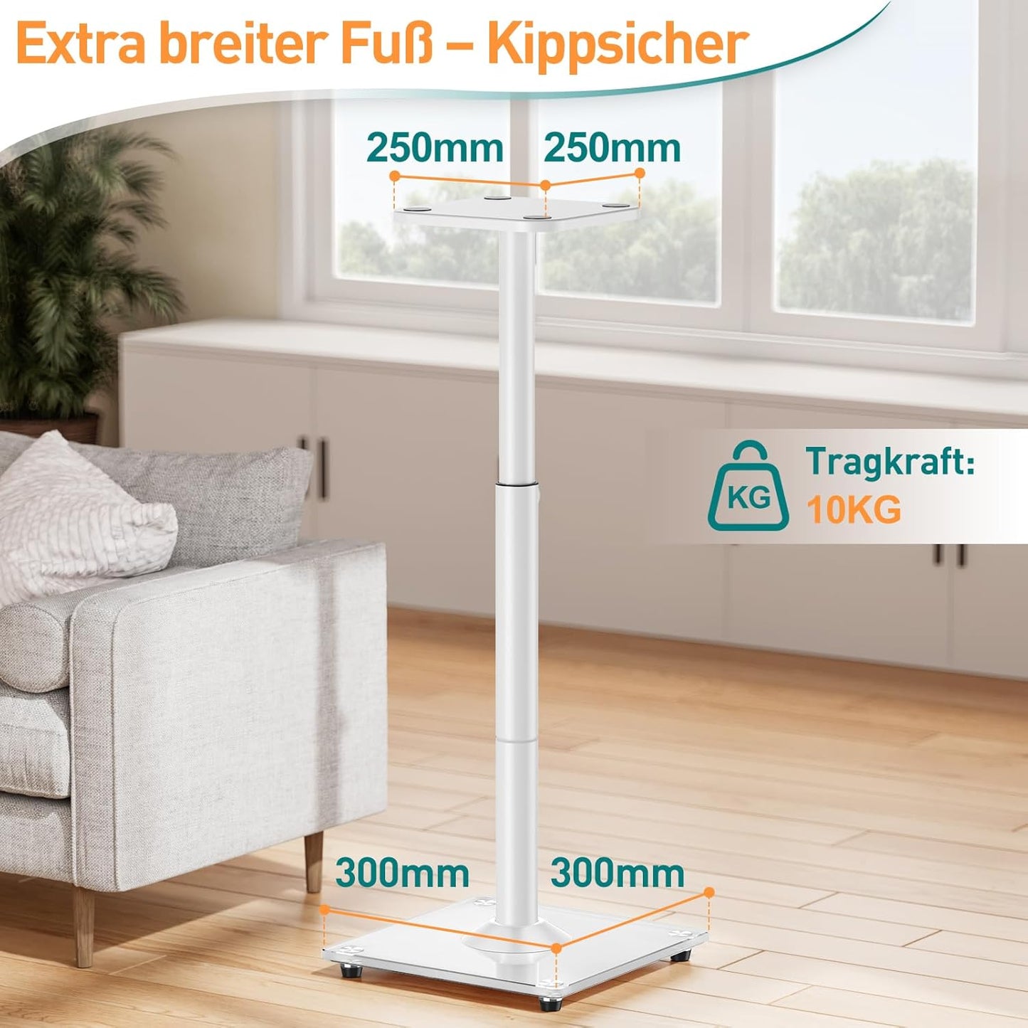 ELIVED Universal Lautsprecherständer höhenverstellbar bis 95cm, Boxenständer mit Glassockel & interner Kabelkanal für Regallautsprecher, 10kg Tragkraf, Weiß, 1 Paar
