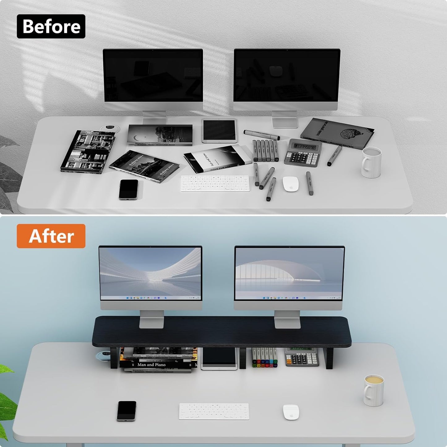 Ergofoucs Dual Monitor Stand, 39 inch Large Monitor Stand Riser for 2 Monitors, Wood Computer Monitor Stand for Desk with Storage Space for Office Assessories