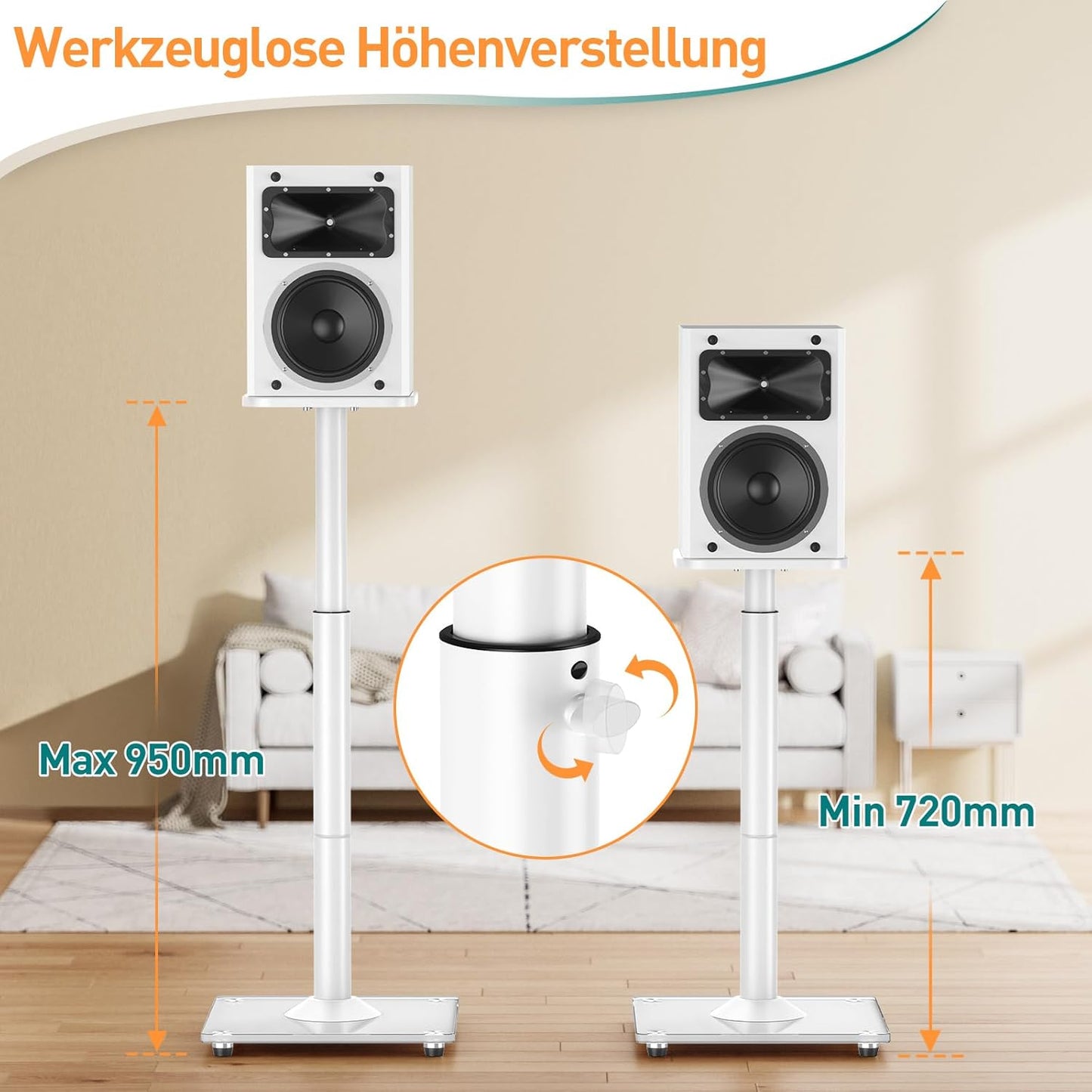 ELIVED Universal Lautsprecherständer höhenverstellbar bis 95cm, Boxenständer mit Glassockel & interner Kabelkanal für Regallautsprecher, 10kg Tragkraf, Weiß, 1 Paar