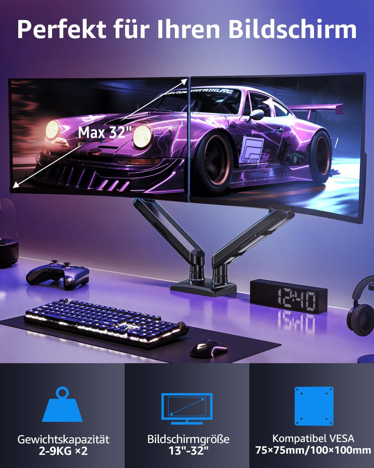 ELIVED EV6012B Monitor Mount 2 Monitors for 13-32 Inch Screens, Screen Mount 2 Monitors Holds 2-9 kg Monitor with VESA 75/100 mm, Gas Spring Monitor Arm with Tilt, Swivel, Rotatable