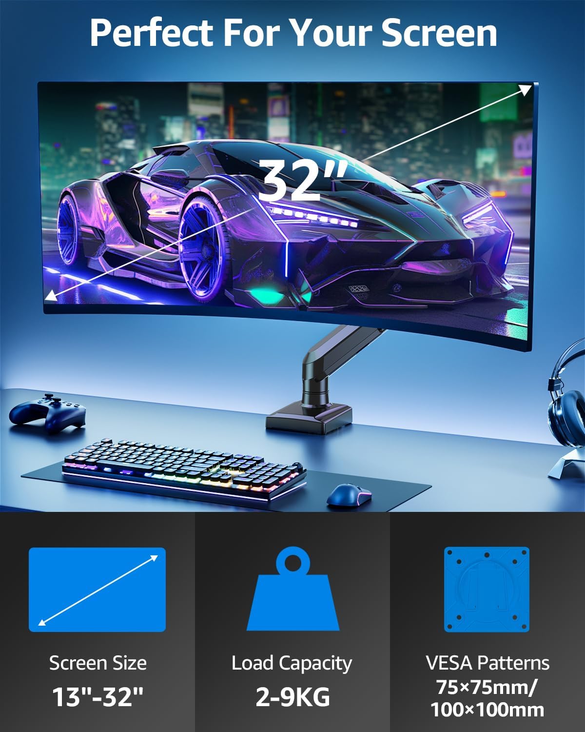 Freelift Single Arm Monitor Desk Mount for 13-32 inch Screen, Tool Free Height Adjustable Gas Spring Arm, Gaming Monitor Arm Holds 2-9kg, VESA 75 & 100mm, C-clamp & Grommet Options, Black