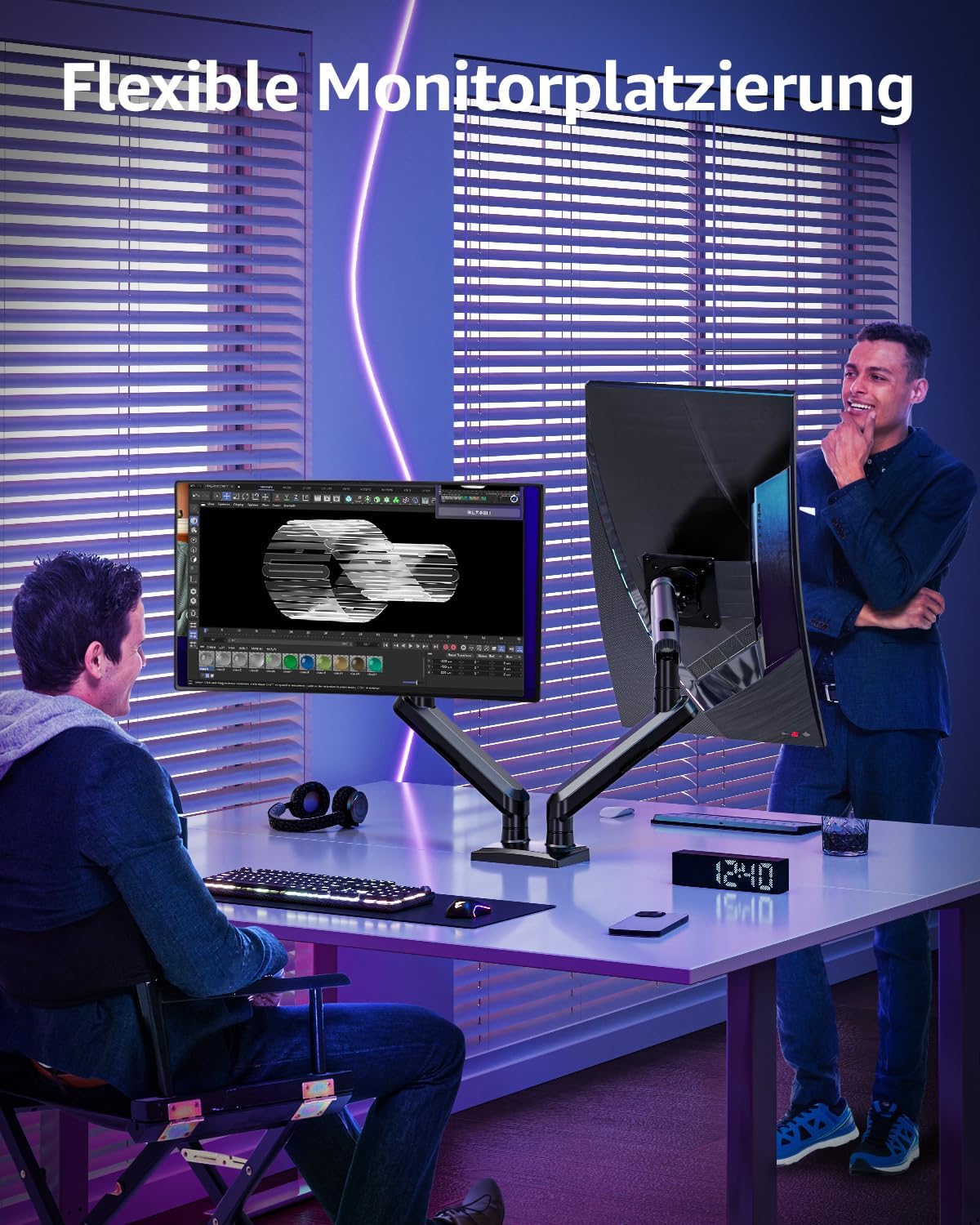 ELIVED EV6012B Monitor Mount 2 Monitors for 13-32 Inch Screens, Screen Mount 2 Monitors Holds 2-9 kg Monitor with VESA 75/100 mm, Gas Spring Monitor Arm with Tilt, Swivel, Rotatable