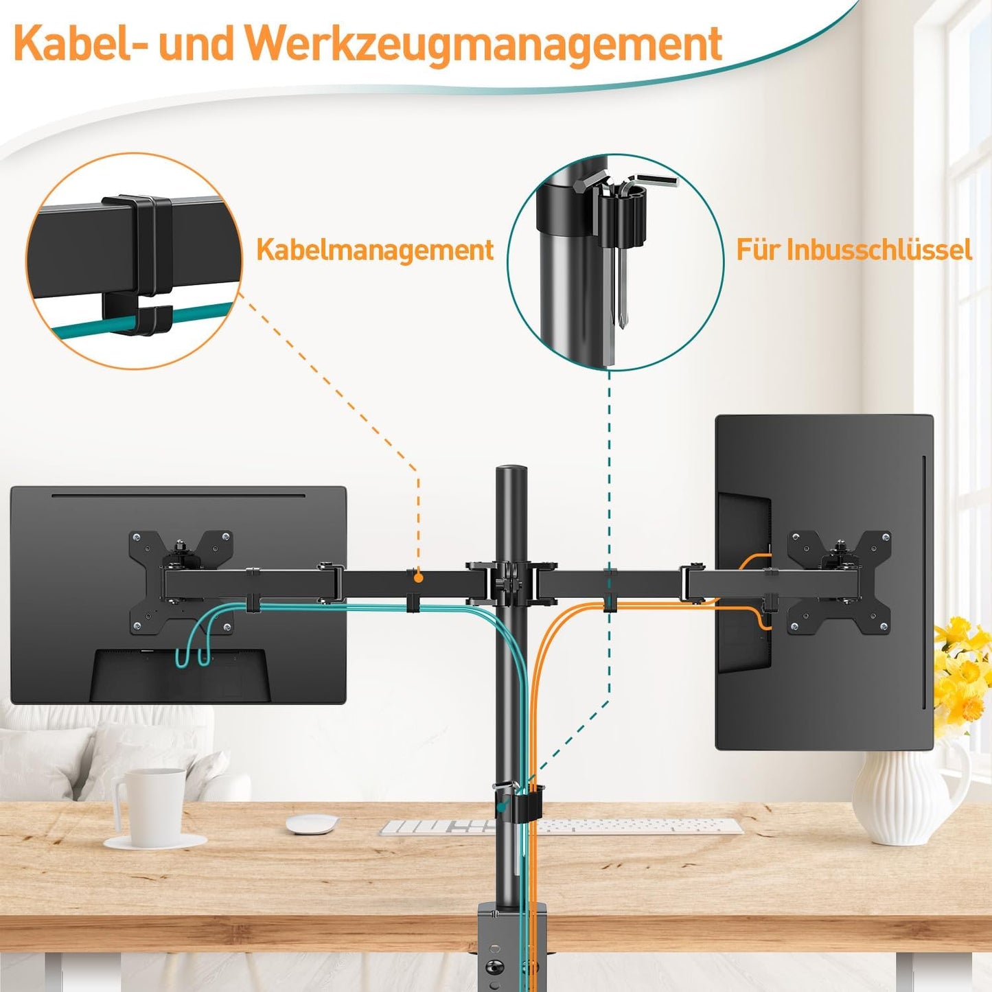 ELIVED Monitor Mount 2 Monitors for 13-32 Inch LED/LCD Screen from VESA 75/100, Dual Monitor Mount Tilting 160° Swivel 180° Height Adjustable Monitor Arm Desk 8 kg per Arm