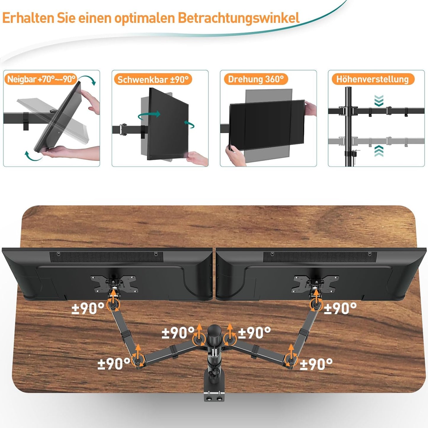 ELIVED Monitor Mount 2 Monitors for 13-32 Inch LED/LCD Screen from VESA 75/100, Dual Monitor Mount Tilting 160° Swivel 180° Height Adjustable Monitor Arm Desk 8 kg per Arm