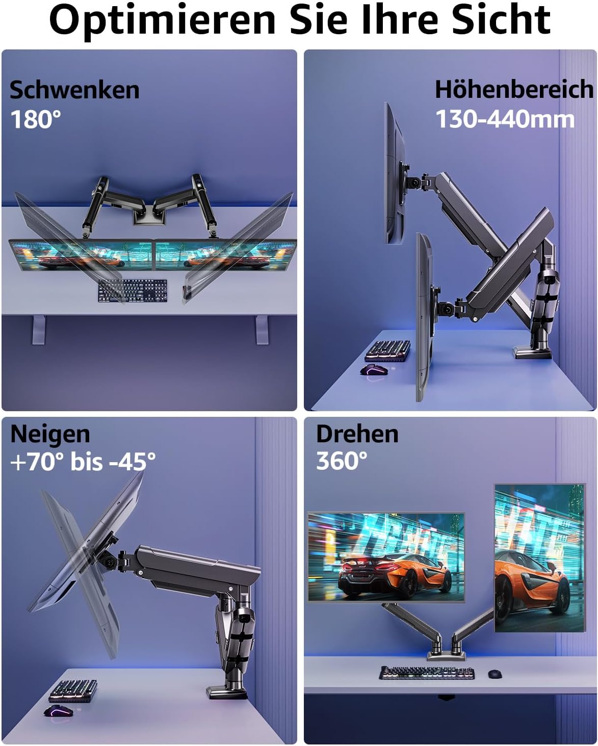 ELIVED EV6012B Monitor Mount 2 Monitors for 13-32 Inch Screens, Screen Mount 2 Monitors Holds 2-9 kg Monitor with VESA 75/100 mm, Gas Spring Monitor Arm with Tilt, Swivel, Rotatable