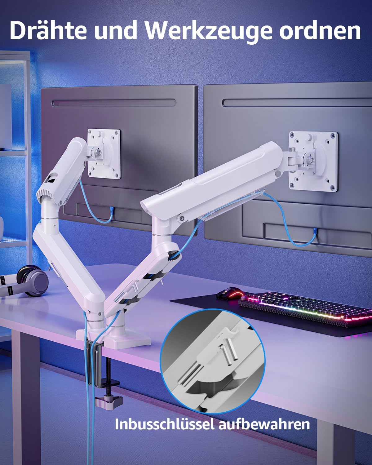 ELIVED EV6012W Monitor Mount 2 Monitors for 13-32 Inch Screens, Screen Mount 2 Monitors Holds 2-9 kg Monitor with VESA 75/100 mm, Gas Spring Monitor Arm with Tilting, Swivelling, Rotating, White