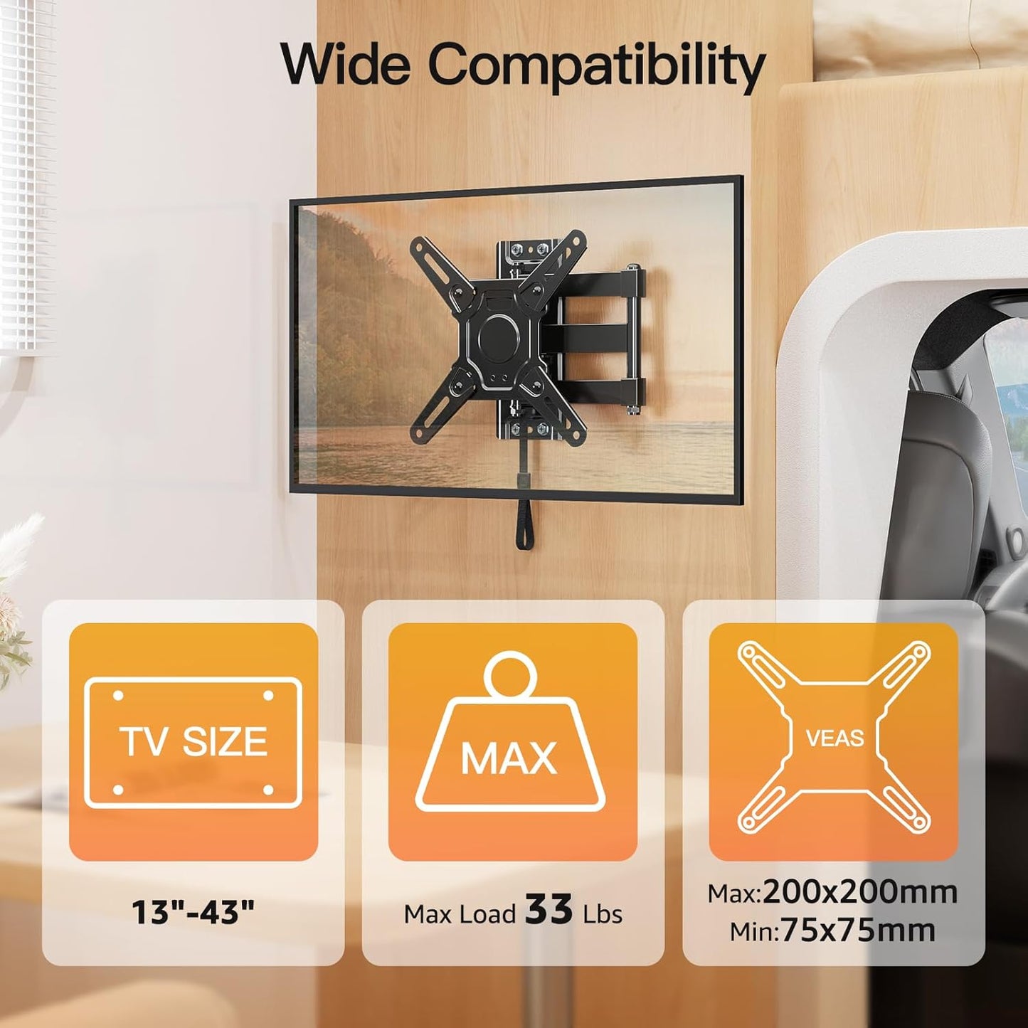 ELIVED RV TV Mount for Camper, Lockable RV TV Wall Mount for Most 13-43 Inch TVs, Full Motion Swivel and Tilt, Secure Lock for Trailer Motorhome Truck Boat, Max VESA 200x200mm, up to 33 LBS