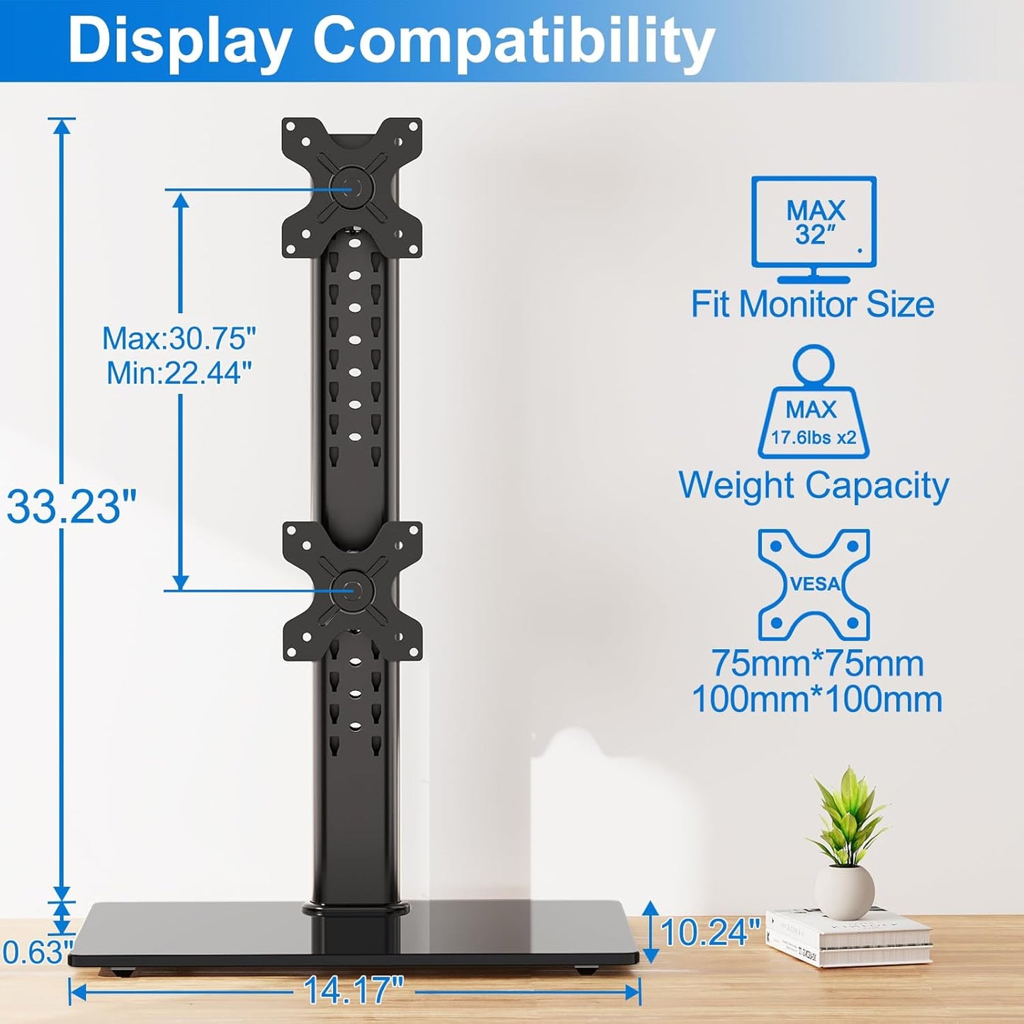 ErgoFocus Vertical Dual Monitor Stand Free-Standing Monitor Desk Mount with Height Adjustment