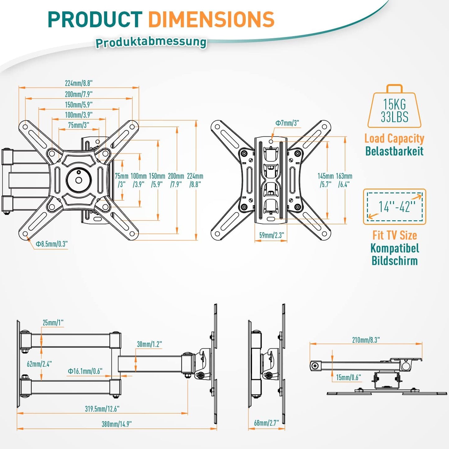 ELIVED EV012 TV Wall Mount Swivelling Tilting TV Wall Mount Extendible for Most 14-42 Inch LED, LCD, OLED TVs up to 15 kg with Max VESA 200 x 200 mm