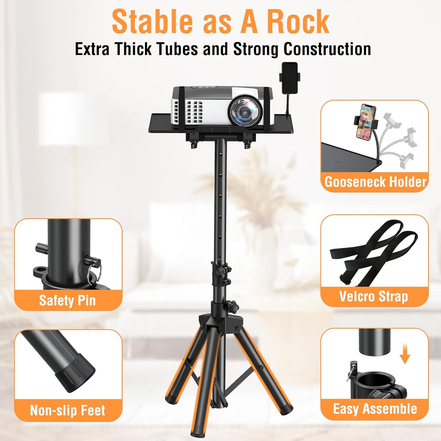 ELIVED Projector Stand - 21'' to 34'' Height Adjustable Portable Projector Tripod with 180° Tilting, Laptop Tripod Stand DJ Rack with Phone Holder for Home Office Stage Studio Outdoor Movies