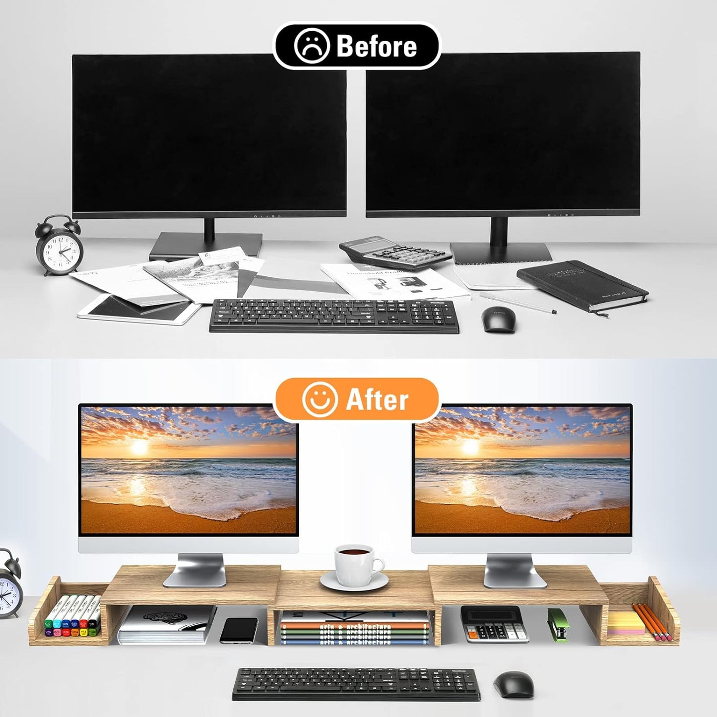 ELIVED Dual Monitor Stand Riser with Two Swivel Drawers, Monitor Stand with Adjustable Length and Angle, Monitor Riser for Desk, Desktop Organizer Stand for Computer, Laptop, Screen, Printer(Oak)