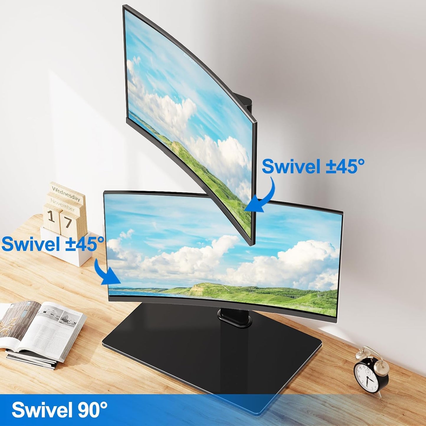 ErgoFocus Vertical Dual Monitor Stand Free-Standing Monitor Desk Mount with Height Adjustment