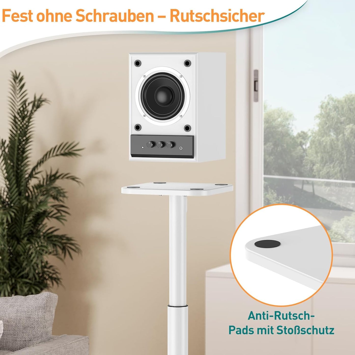 ELIVED Universal Lautsprecherständer höhenverstellbar bis 95cm, Boxenständer mit Glassockel & interner Kabelkanal für Regallautsprecher, 10kg Tragkraf, Weiß, 1 Paar