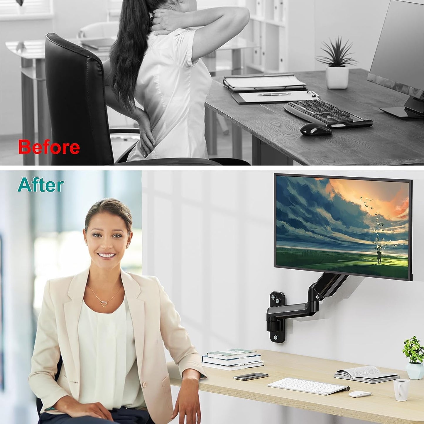 ErgoFocus Monitor Wall Mount Fits 17-32 Inch Flat/Curved Computer Screens, Single Monitor Wall Arm Holds up to 19.8lbs, Height Adjustable Gas Spring Wall Monitor Stand Tilt, VESA Mount 75x75/100x100