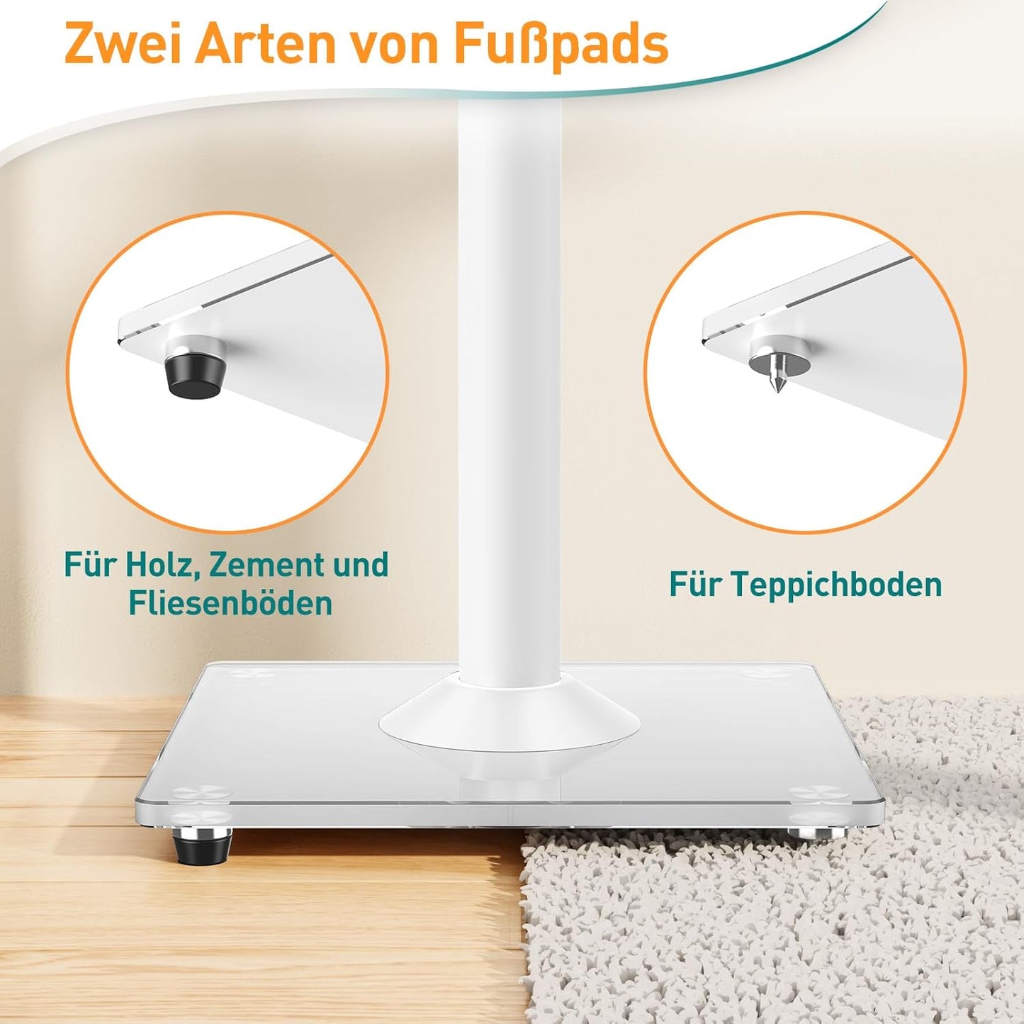 ELIVED Universal Lautsprecherständer höhenverstellbar bis 95cm, Boxenständer mit Glassockel & interner Kabelkanal für Regallautsprecher, 10kg Tragkraf, Weiß, 1 Paar