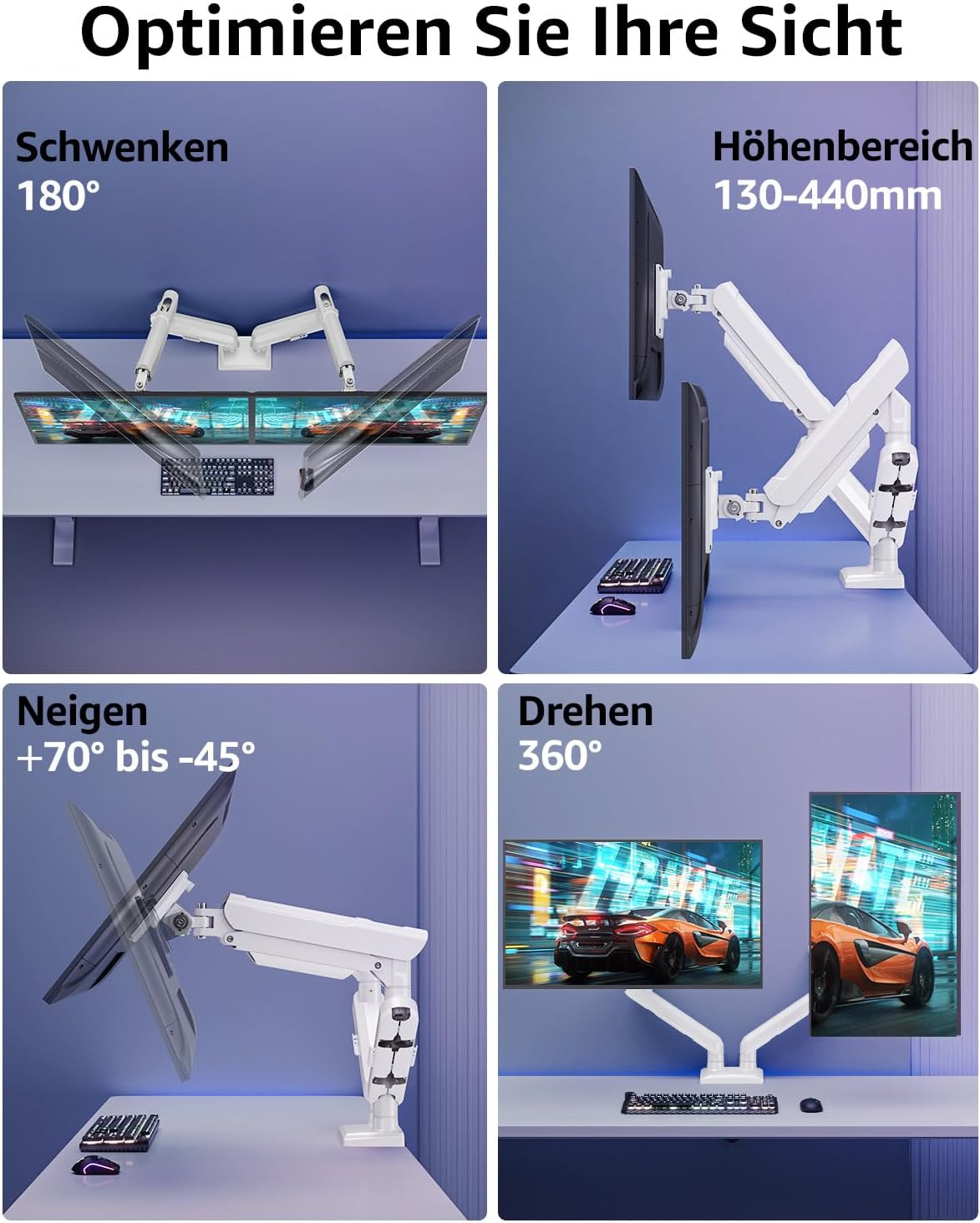 ELIVED EV6012W Monitor Mount 2 Monitors for 13-32 Inch Screens, Screen Mount 2 Monitors Holds 2-9 kg Monitor with VESA 75/100 mm, Gas Spring Monitor Arm with Tilting, Swivelling, Rotating, White