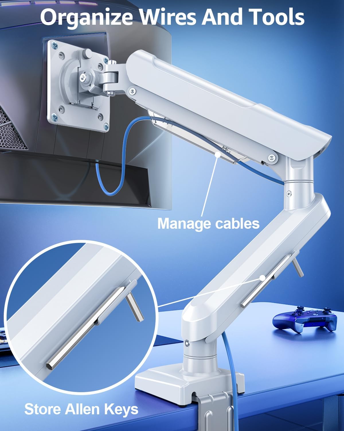 Freelift Single Arm Monitor Desk Mount for 13-32 inch Screen, Tool Free Height Adjustable Gas Spring Arm, Gaming Monitor Arm Holds 2-9kg, VESA 75 & 100mm, C-clamp & Grommet Options, White