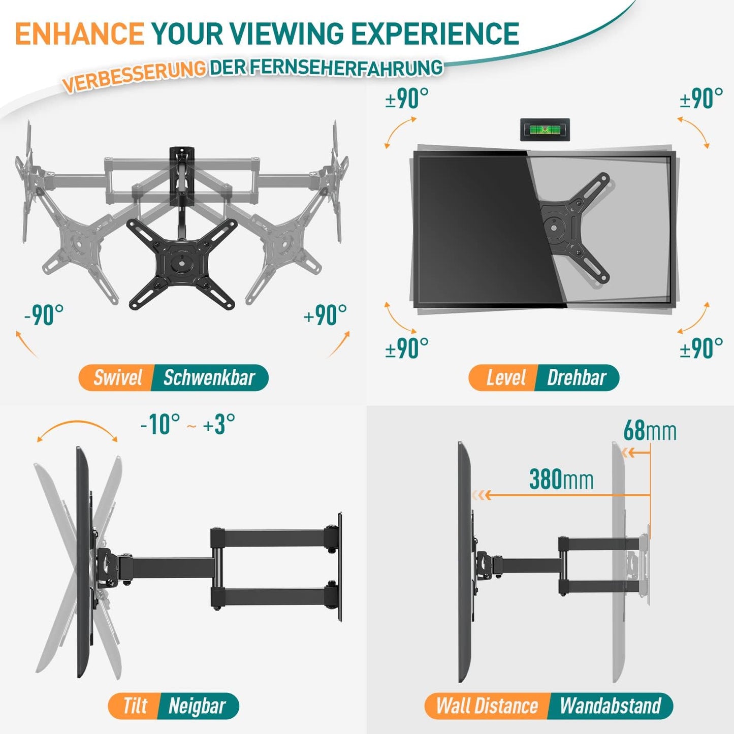 ELIVED EV012 TV Wall Mount Swivelling Tilting TV Wall Mount Extendible for Most 14-42 Inch LED, LCD, OLED TVs up to 15 kg with Max VESA 200 x 200 mm