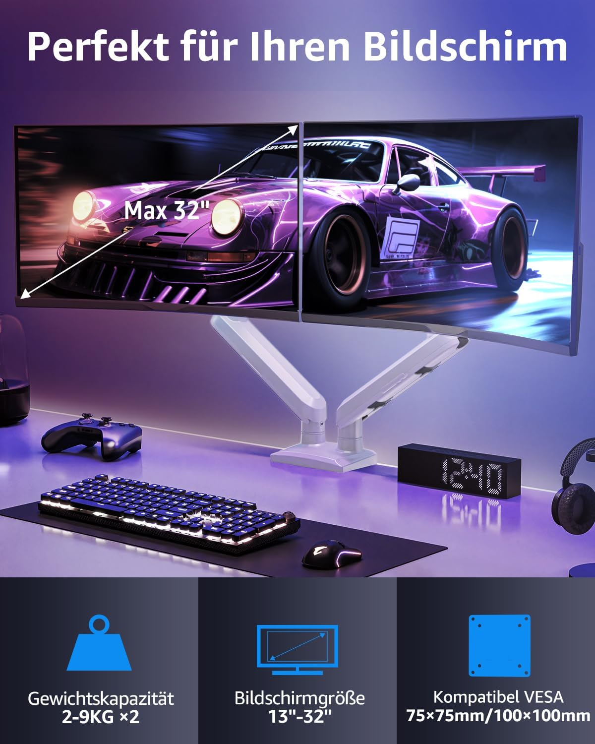 ELIVED EV6012W Monitor Mount 2 Monitors for 13-32 Inch Screens, Screen Mount 2 Monitors Holds 2-9 kg Monitor with VESA 75/100 mm, Gas Spring Monitor Arm with Tilting, Swivelling, Rotating, White