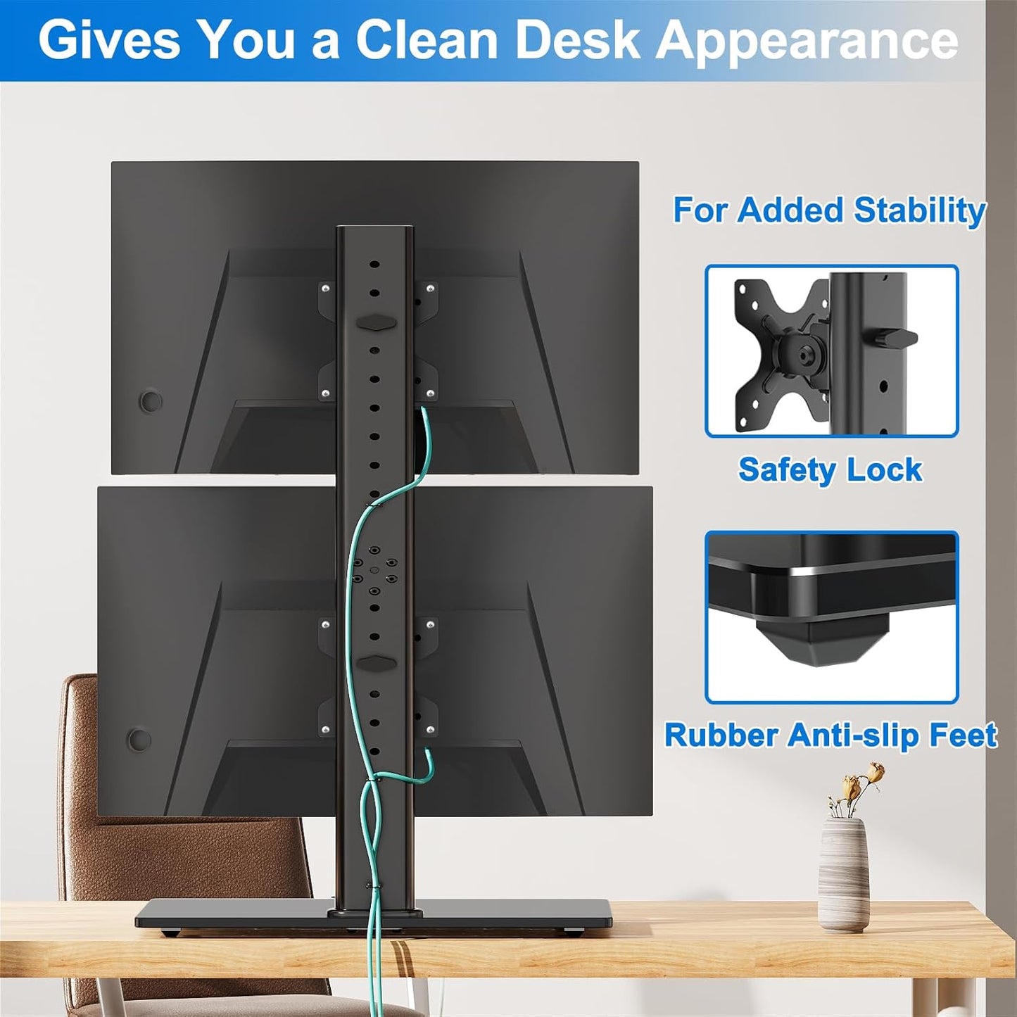 ErgoFocus Vertical Dual Monitor Stand Free-Standing Monitor Desk Mount with Height Adjustment