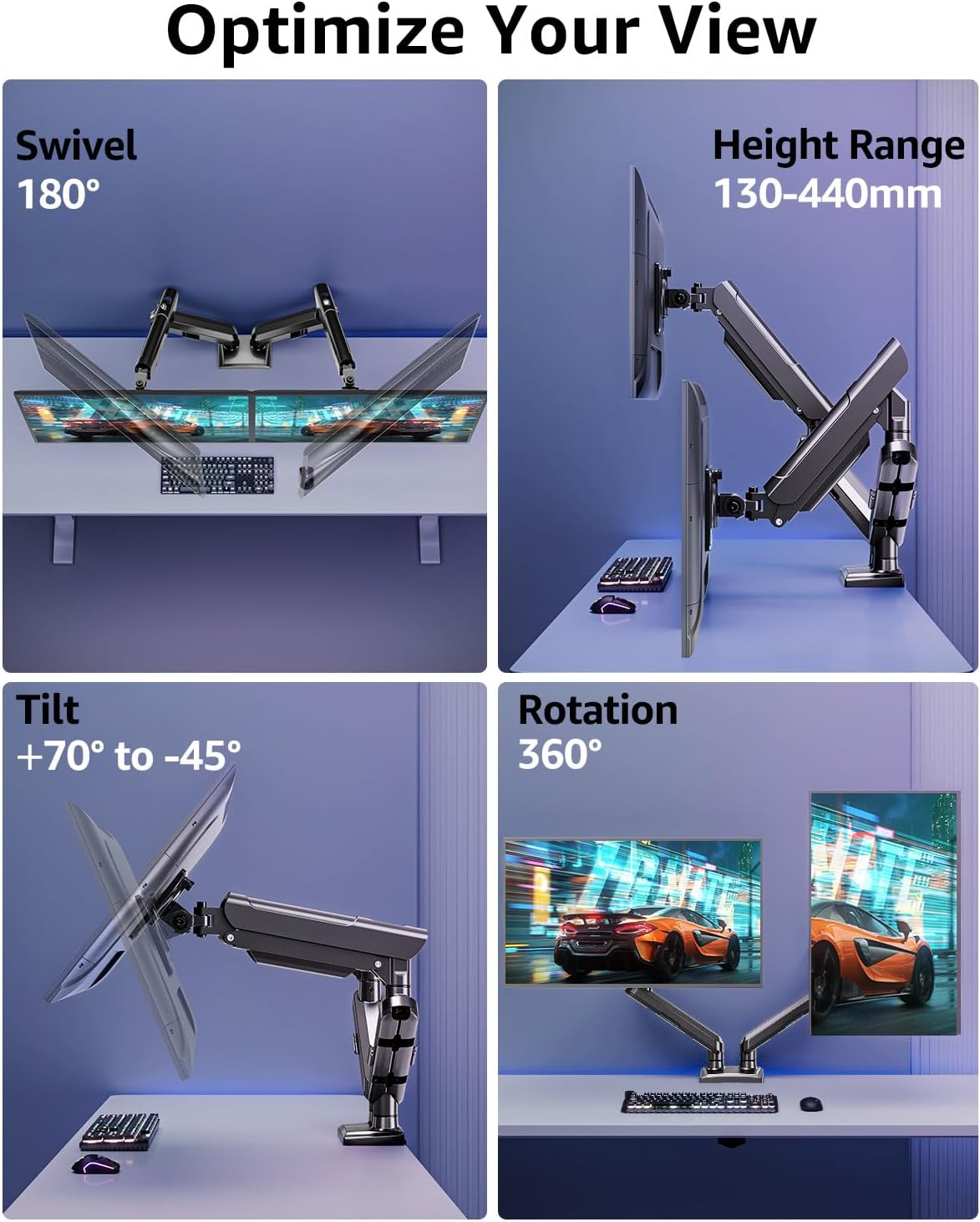 Freelift Dual Monitor Arm Desk Mount for 13-32 inch Screen, Height Adjustable Double Gas Spring Arm, Gaming Monitor Arm Holds 2-9kg, VESA 75x75 100x100 with C-clamp& Grommet, Black EV6012B