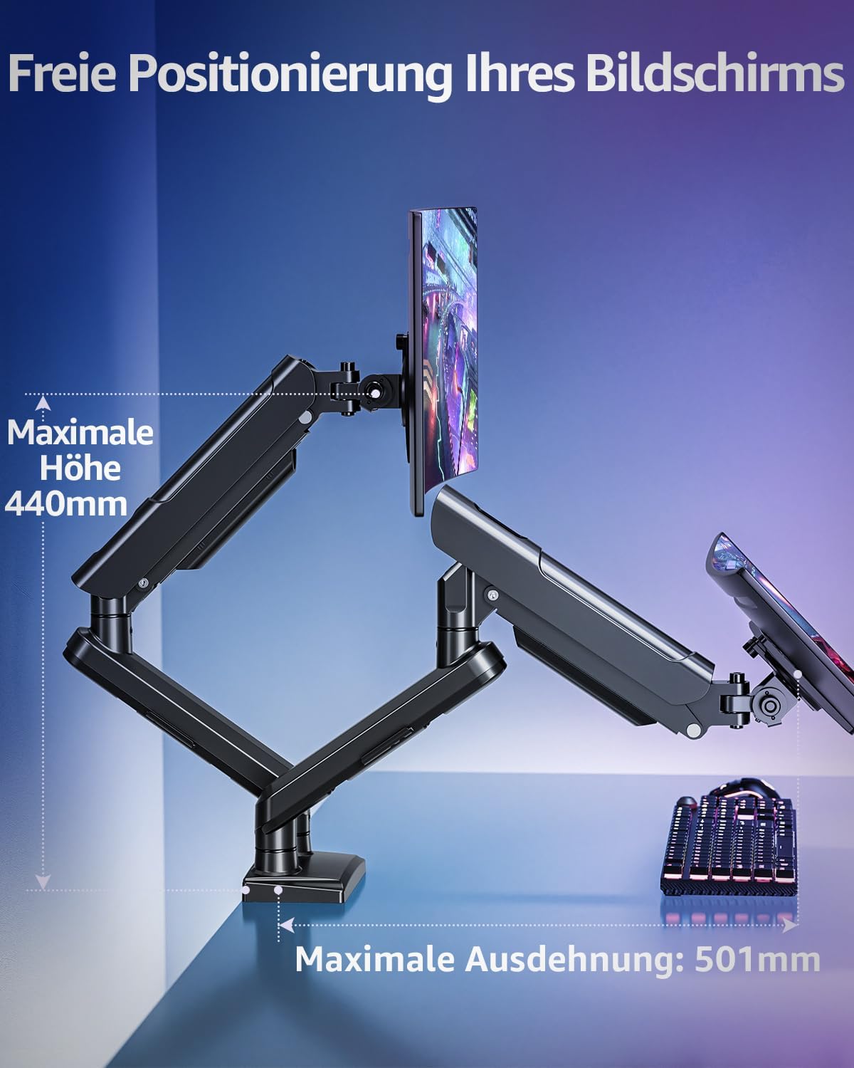 ELIVED EV6012B Monitor Mount 2 Monitors for 13-32 Inch Screens, Screen Mount 2 Monitors Holds 2-9 kg Monitor with VESA 75/100 mm, Gas Spring Monitor Arm with Tilt, Swivel, Rotatable