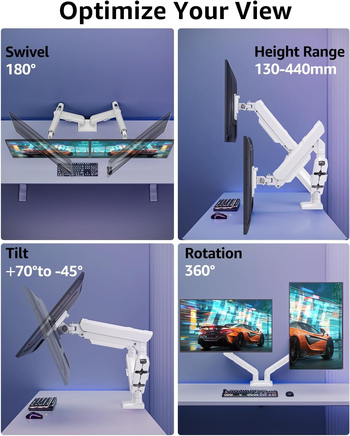 Freelift Dual Monitor Arm Desk Mount for 13-32 inch Screen, Height Adjustable Double Gas Spring Arm, Gaming Monitor Arm Holds 2-9kg, VESA 75x75 100x100 with C-clamp& Grommet, White EV6012W