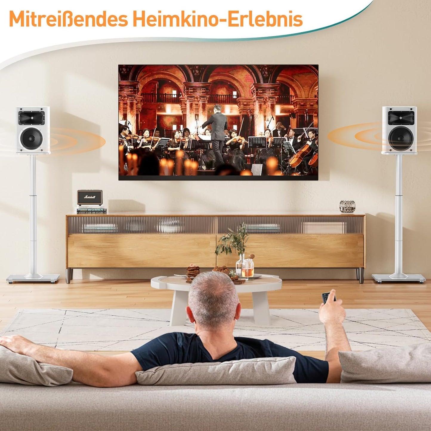ELIVED Universal Lautsprecherständer höhenverstellbar bis 95cm, Boxenständer mit Glassockel & interner Kabelkanal für Regallautsprecher, 10kg Tragkraf, Weiß, 1 Paar