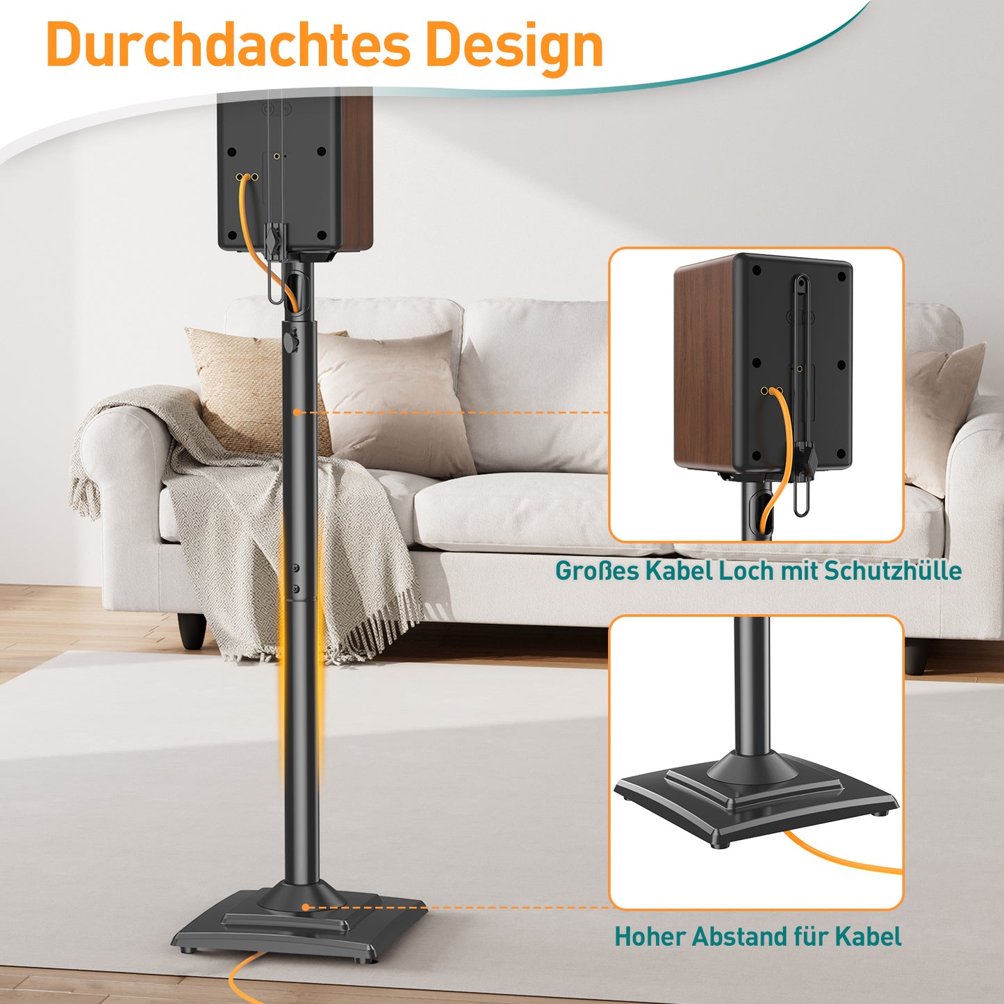 ELIVED Universal Lautsprecherständer höhenverstellbar bis 106cm, Boxenständer mit interner Kabelkanal für Regallautsprecher, 5kg Tragkraf, Schwarz, 1 Paar