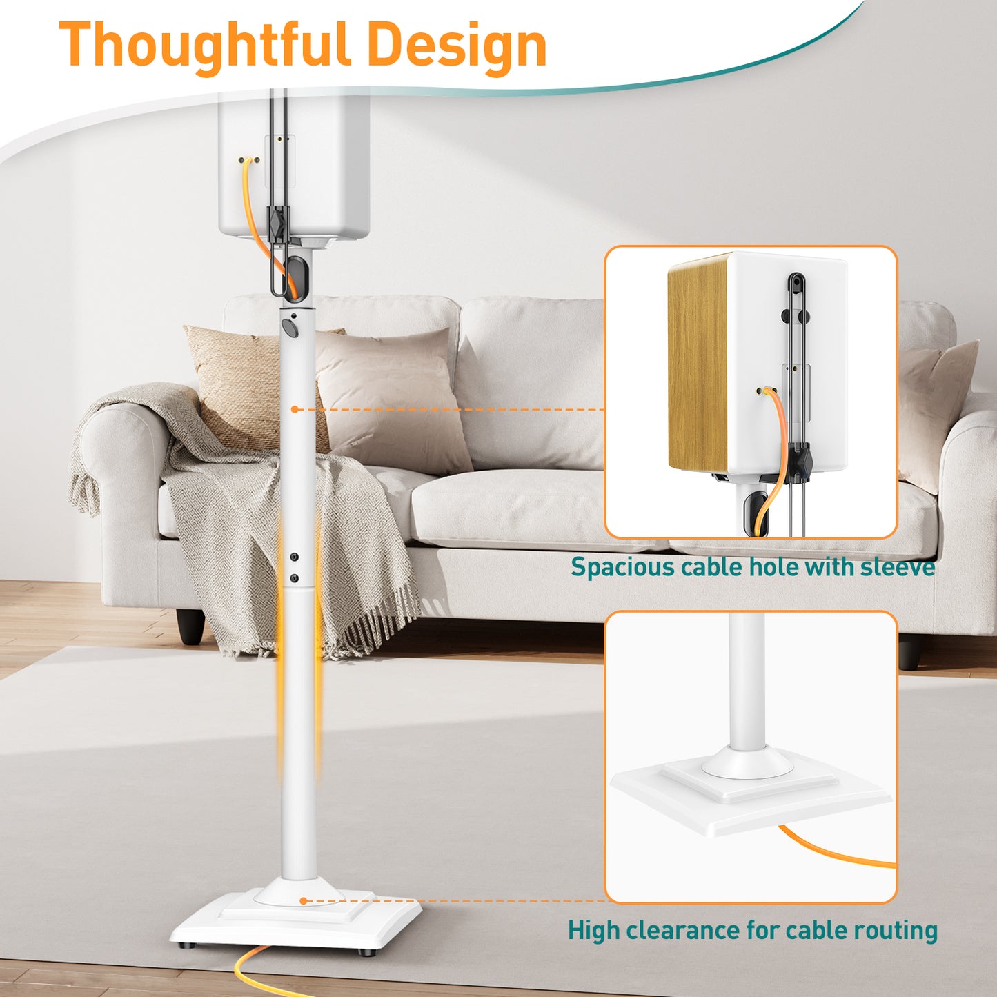 ELIVED Speaker Stands Height-Adjustable for Satellites up to 5 kg, Set of 2 Floor Stands, Universal Compatible with Samsung Sony, Holds Satellite & Small Bookshelf Speakers, White EV5032W