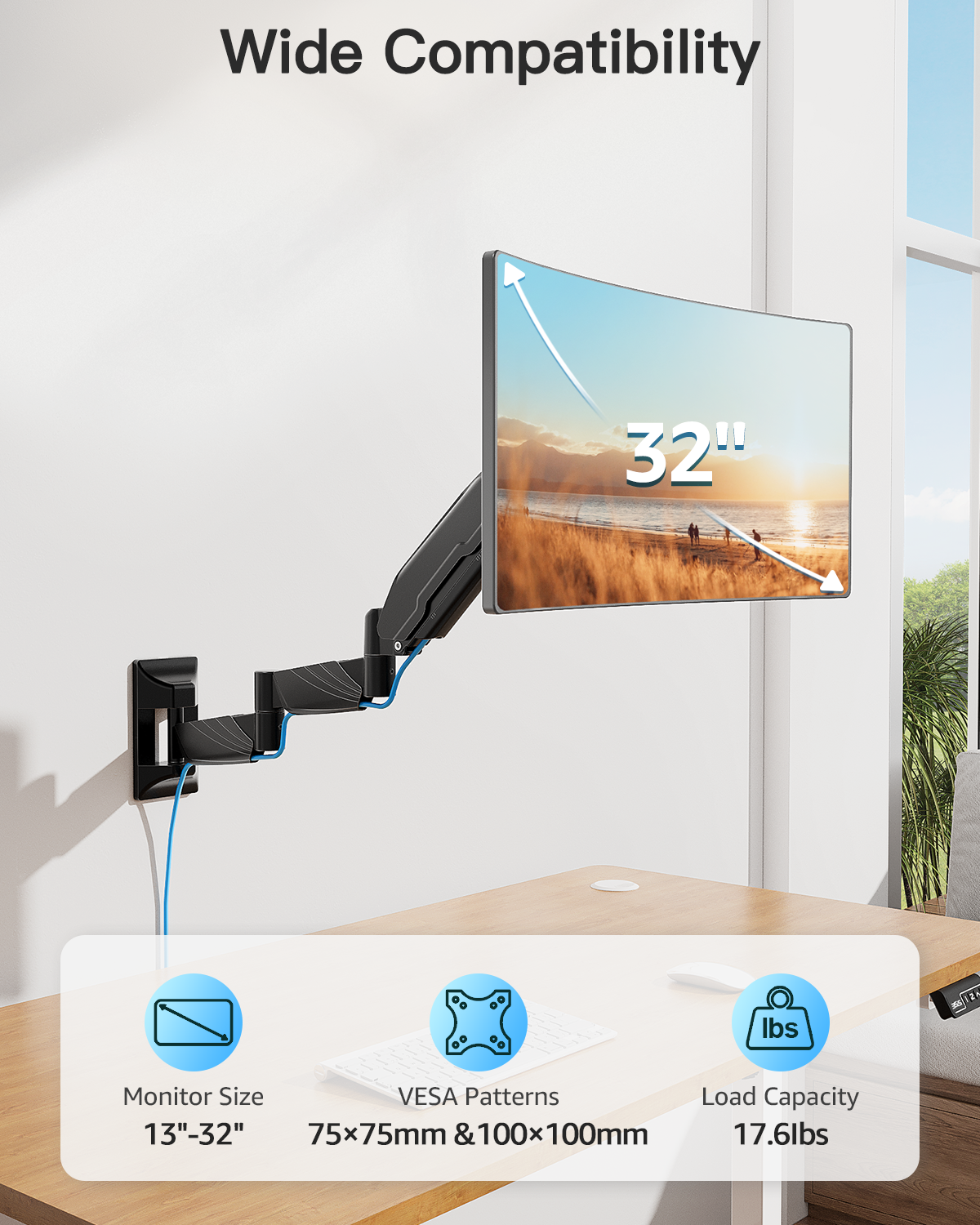ErgoFocus Long Arm Monitor Wall Mount for Max 32 inch Computer Screen, Extra Long Adjustable Single Wall Mount Monitor Arm, Full Motion Vesa Wall Bracket 100x100, Hold up to 17.6lbs, Black