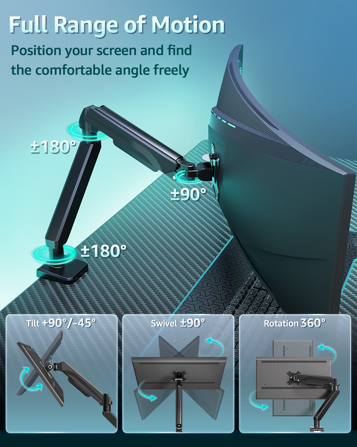 ErgoFocus Heavy Duty Single Monitor Arm for Max 42 Inch Screens, Monitor Mount for Desk Supports 4.4-33 lbs, Height Adjustable Ultrawide Monitors Stand with C-Clamp & Grommet Base, VESA Mount 70/100