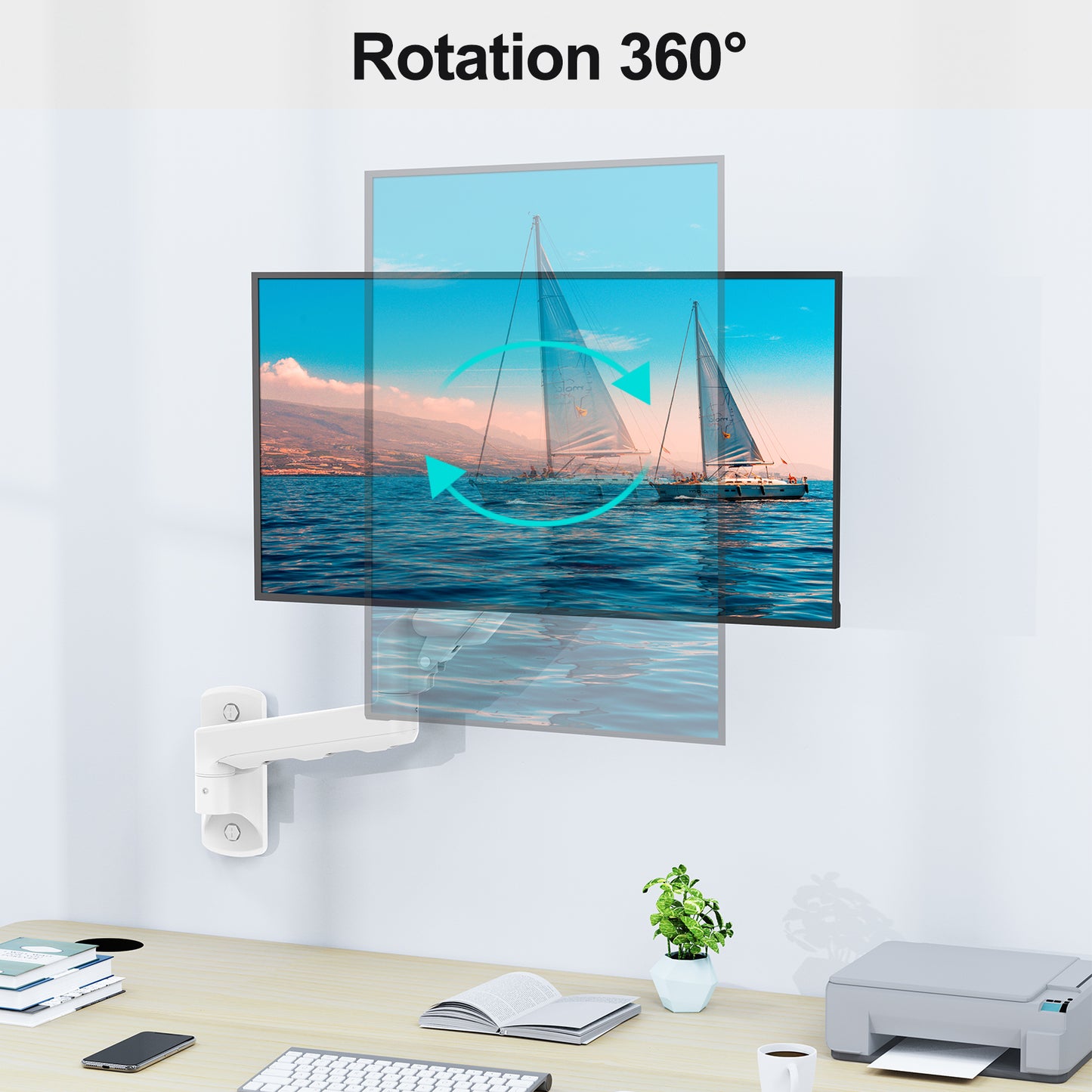 ErgoFocus Monitor Wall Mount Fits 17-32 Inch Flat/Curved Computer Screens, Single Wall Arm Holds up to 19.8lbs, Height Adjustable Gas Spring Wall Stand Tilt, VESA Mount 75/100, White